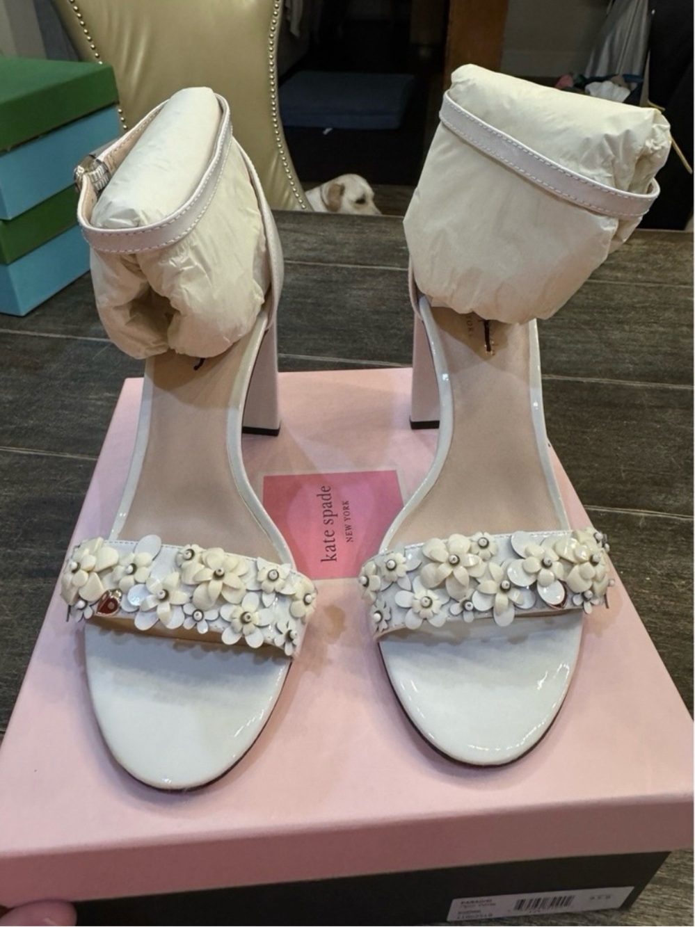 kate spade Ivory Patent Block Heel Sandals with Floral Appliqué